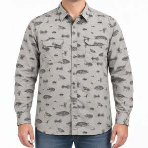Croft & Barrow Shirt Mens Large Gray Quick-Dry Fishing Fly Print Vented Pockets